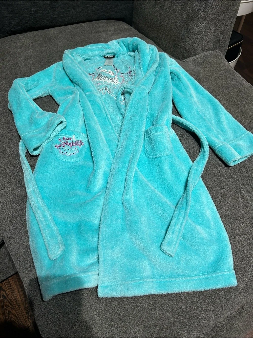 Joe Boxer- girls M- 7/8- Kids Plush Bath Robe in Aqua - Soft Hooded Wrap